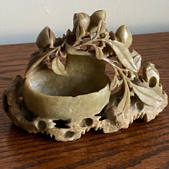 vintage soapstone vase hand carved bird and flowers stone...
